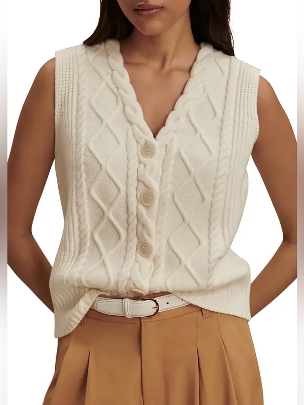 Varley Cable-Knit Sweater Vest Cream Size Large Quiet Luxury Old Money